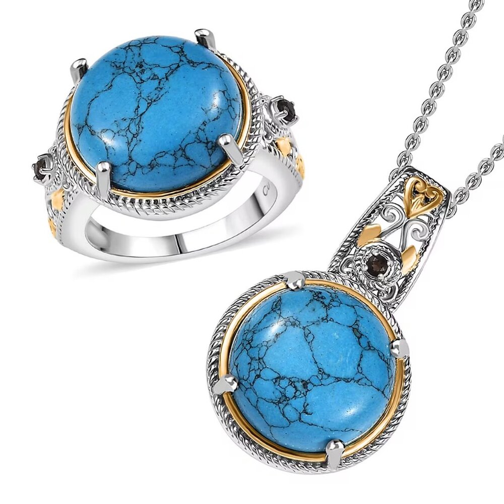 Blue Howlite and Brazilian Smoky Quartz Ring S-7 & Pendant & 20" Chain Set